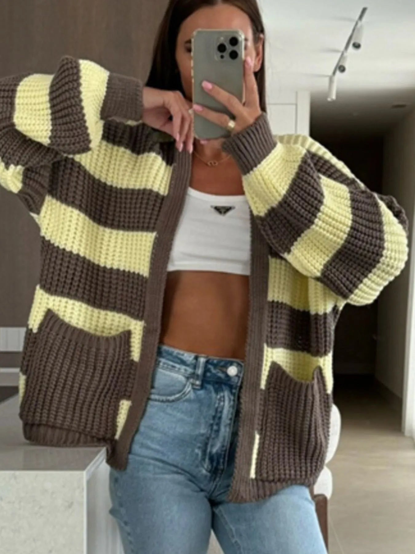 Striped Open Front Long Sleeve Cardigan - Fashorio