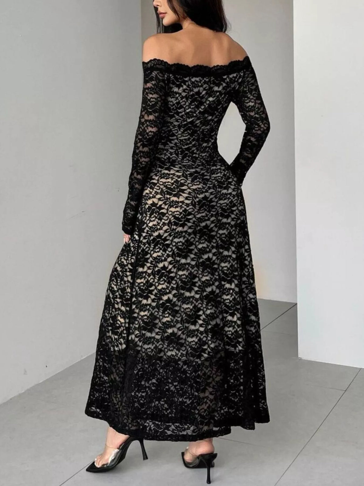 off shoulder lace maxi dress full length view