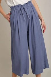 Umgee Full Size Linen Wide Fit Pants with Drawstring Plus Size Dusty Blue - Fashorio