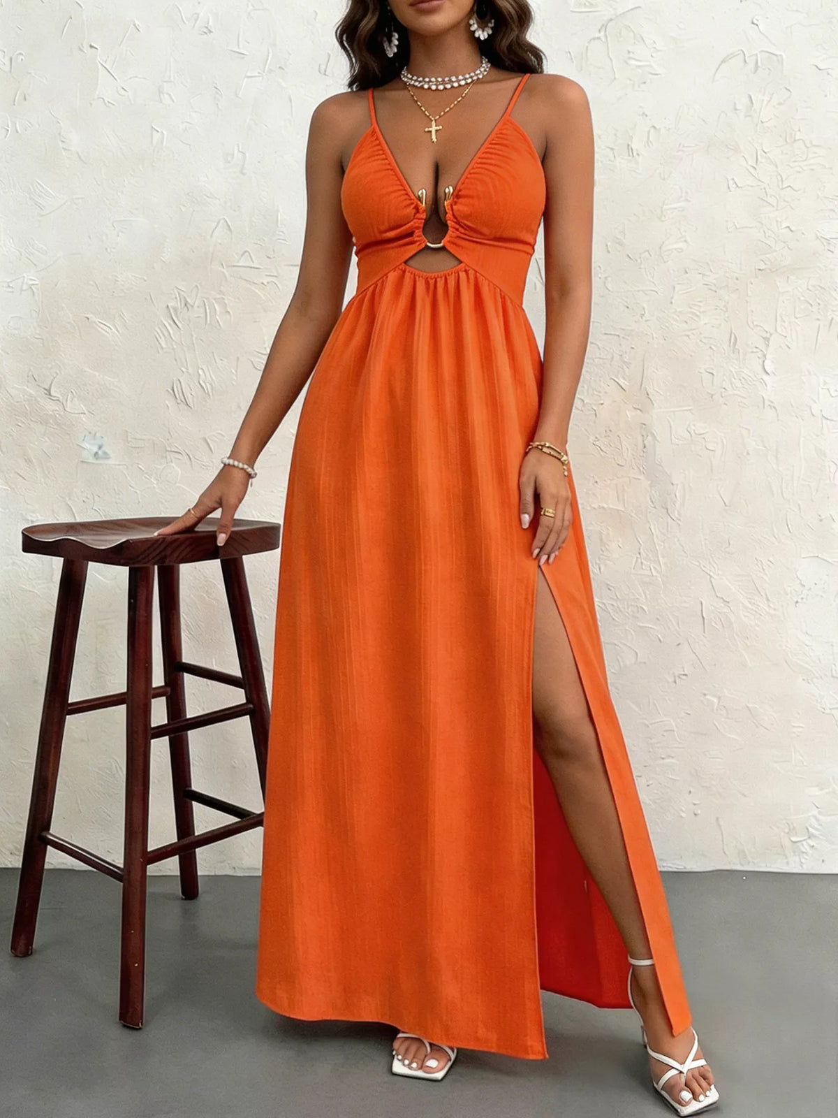 Orange cutout front high slit bodycon maxi dress detail view