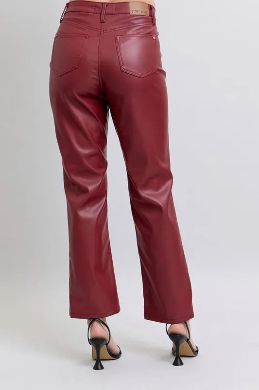 Judy Blue Full Size High Waist Tummy Control Faux Leather Straight Pants Plus Size - Fashorio