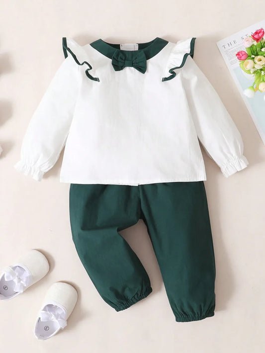 Children's Contrast Ruffled Top and Pants Set White Green - Fashorio