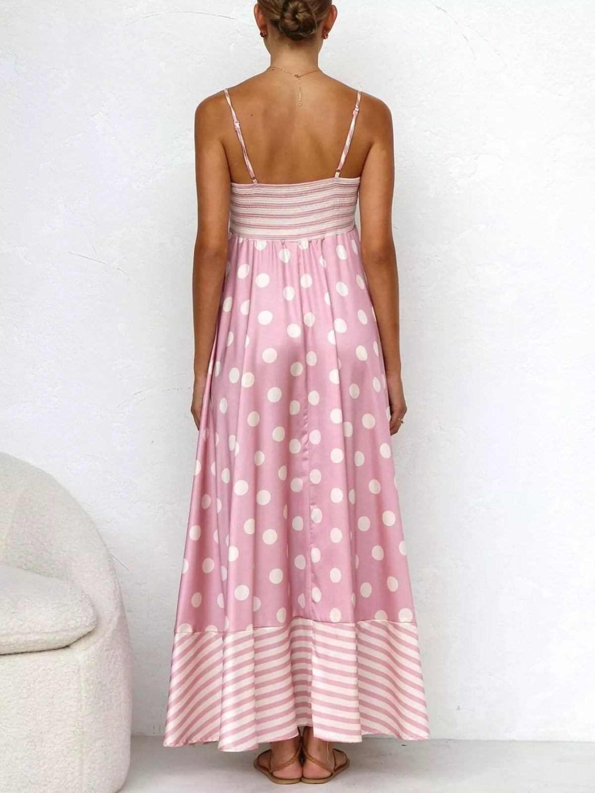 printed spaghetti strap maxi dress hemline detail