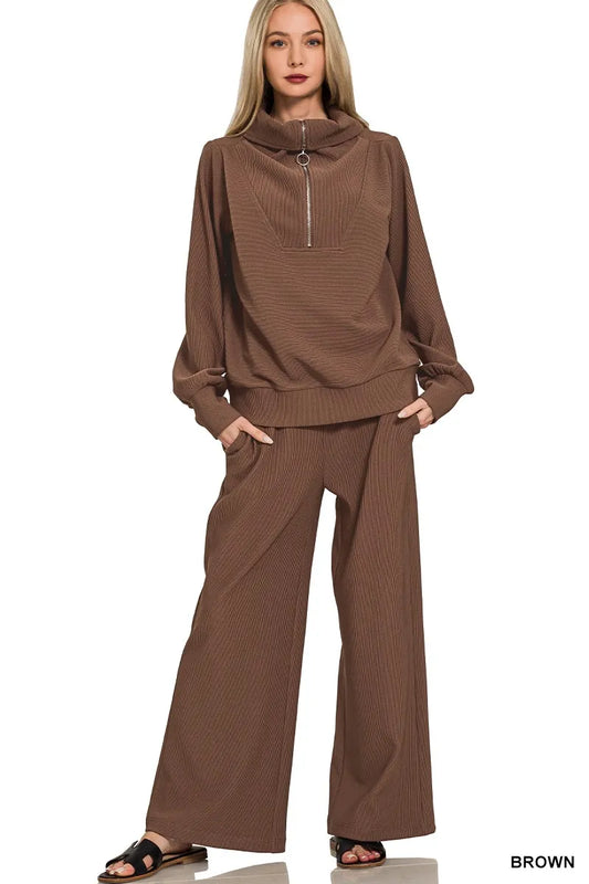 Zenana Ribbed High Neck Half Zip Pullover & Pants Set BROWN - Fashorio