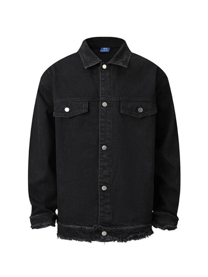Men's Raw Hem Long Sleeve Denim Jacket Nostalgic Black - Fashorio