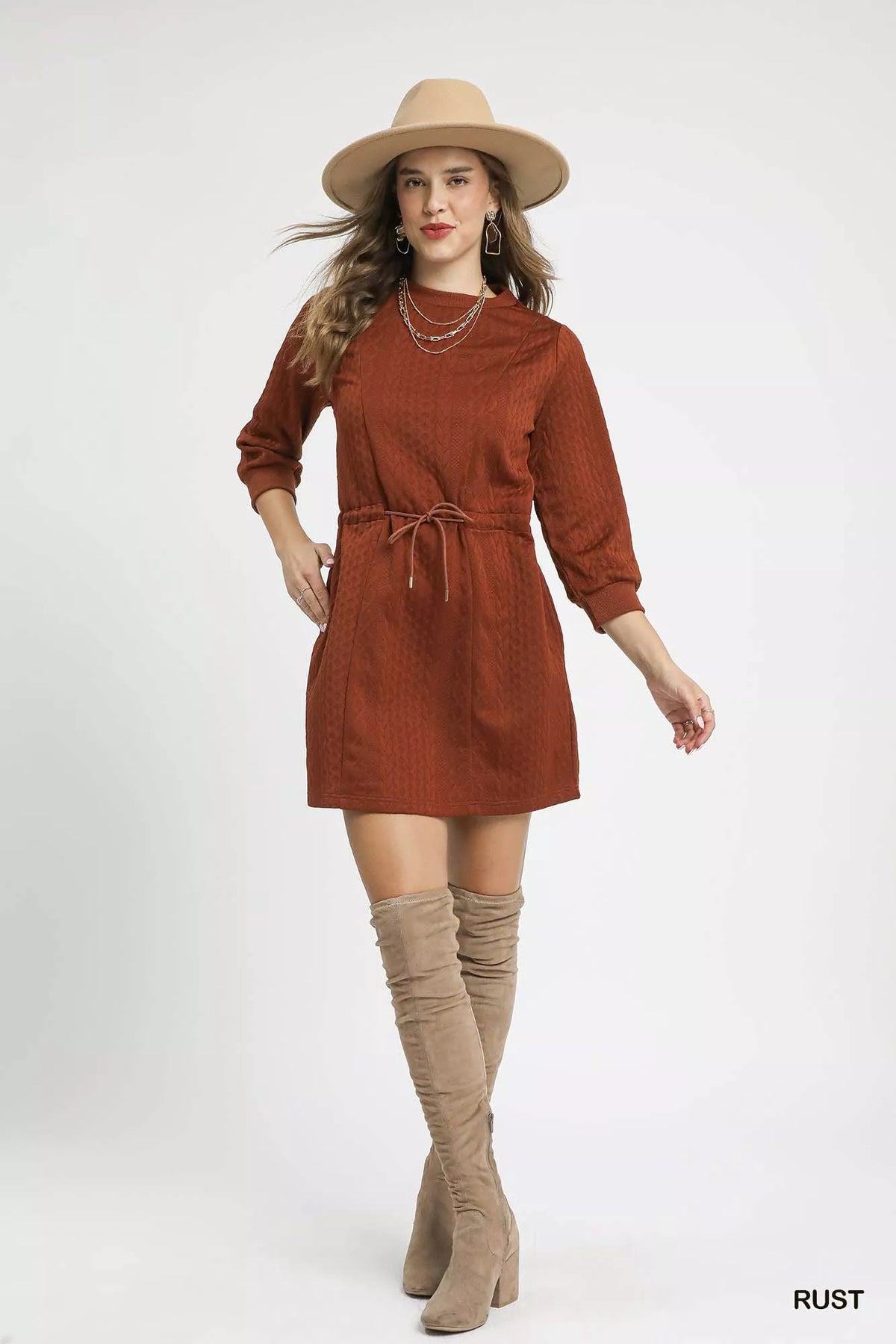 Cable Knit Drawstring Mini Dress with Pockets in Rust detail