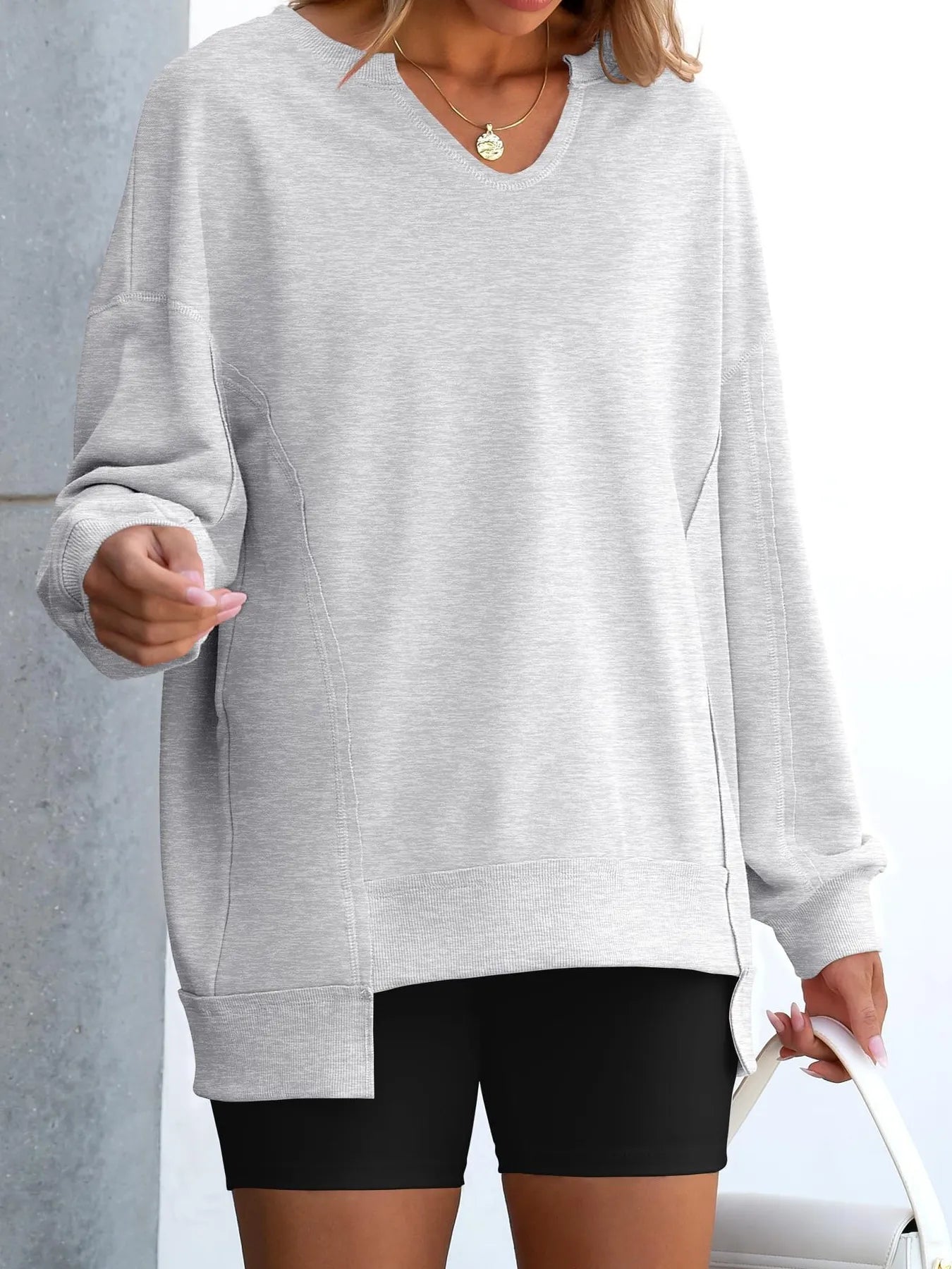 Notched Long Sleeve Oversized Sweatshirt - Fashorio