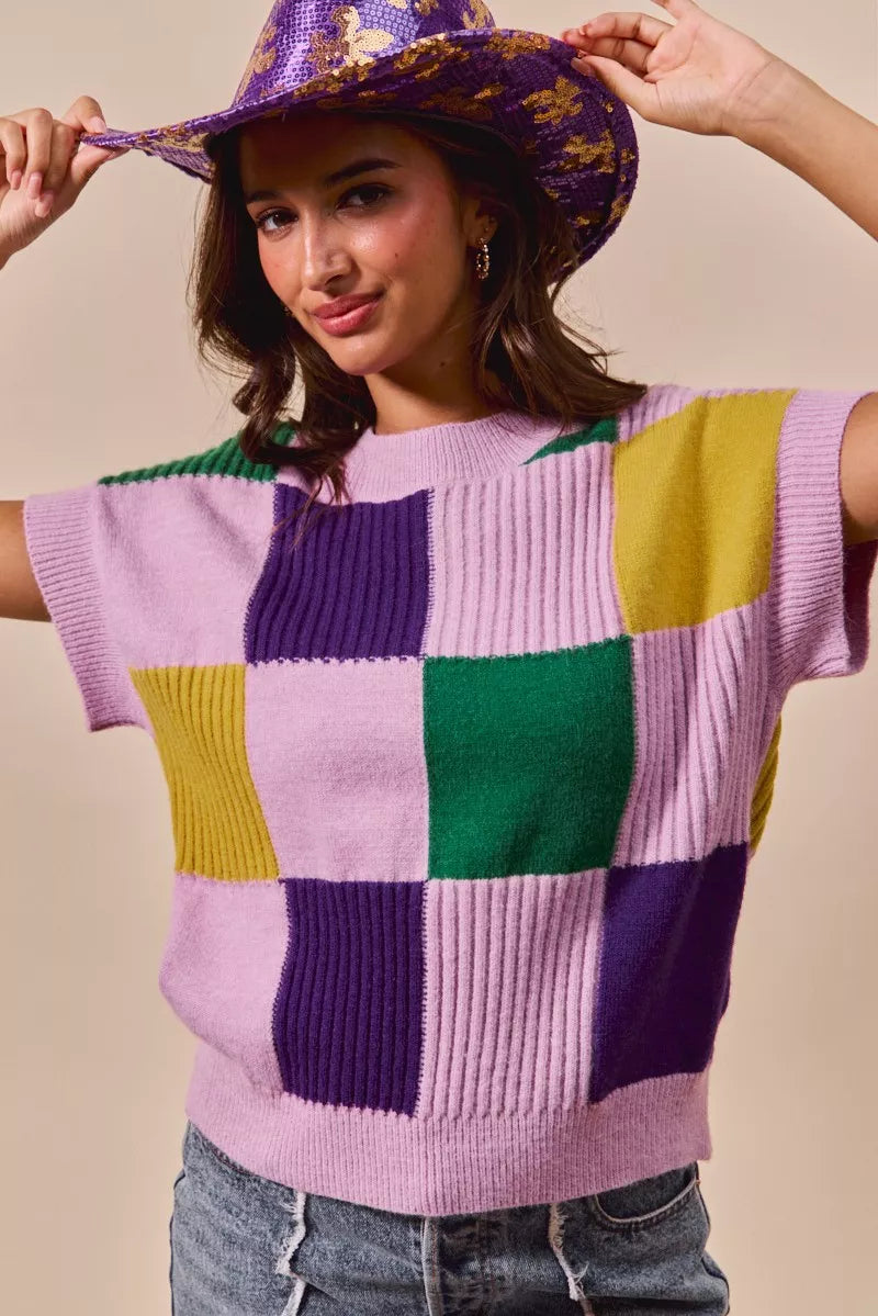 Check Plaid Casual Sweater Top in Lavender view 8