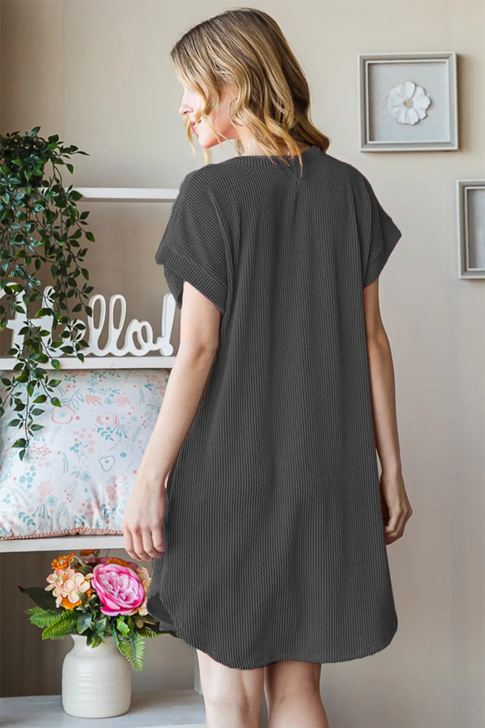 Ribbed Round Neck Short Sleeve Tee Dress side view