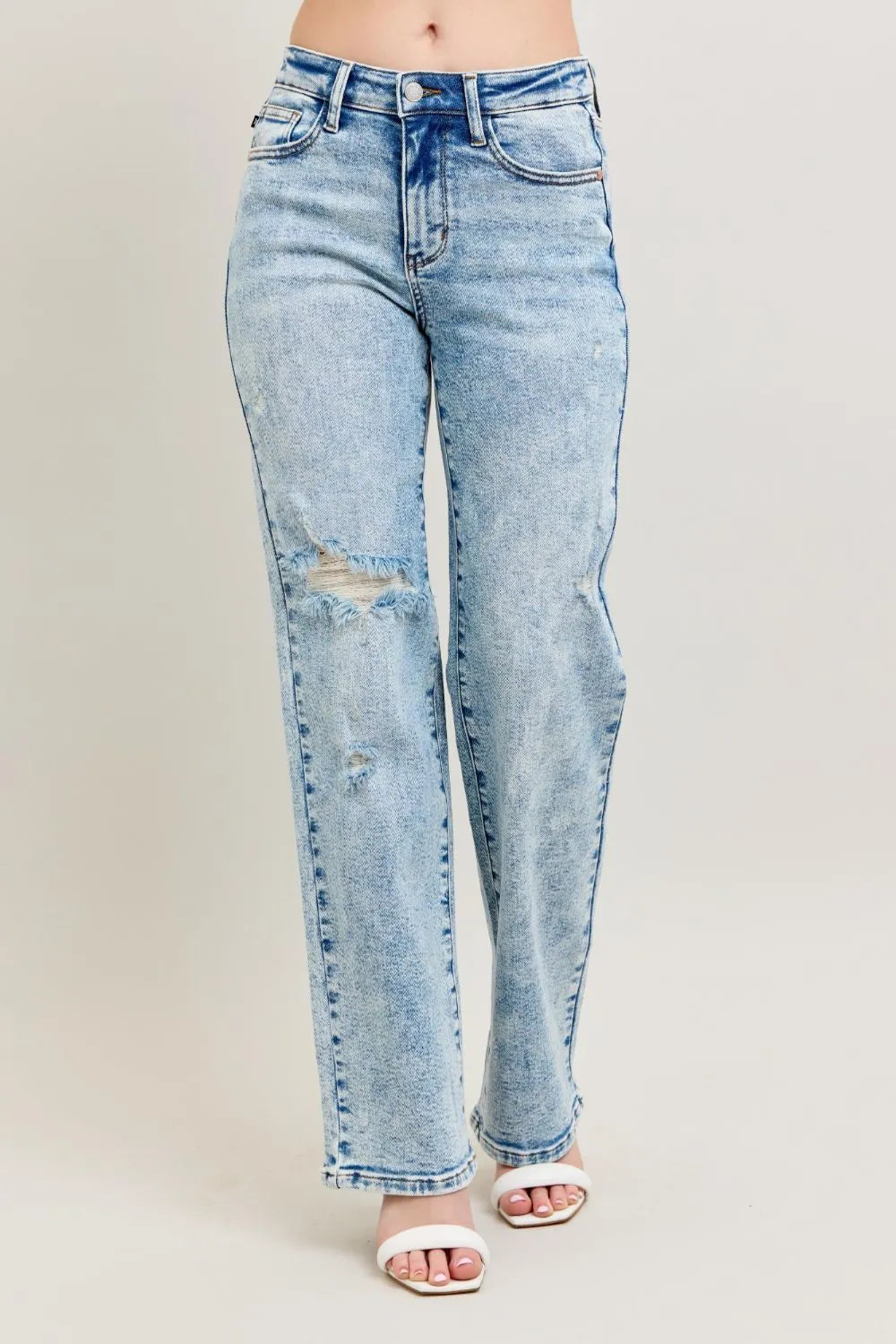 Judy Blue Full Size Hw Mineral Wash Destroy 90's Straight Jeans Plus Size - Fashorio