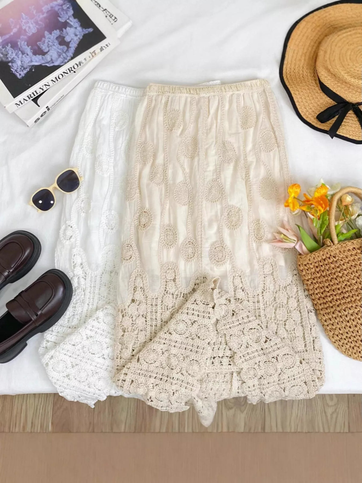 Lace elastic waist midi skirt, on model