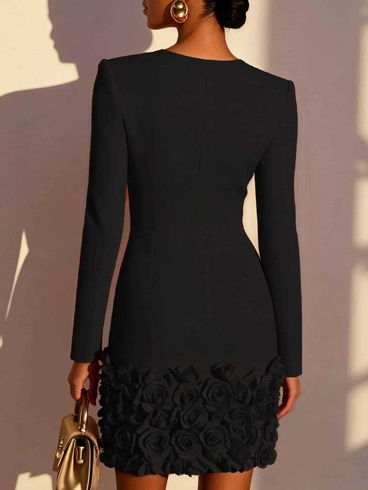 Rose embellished V neck dress back view
