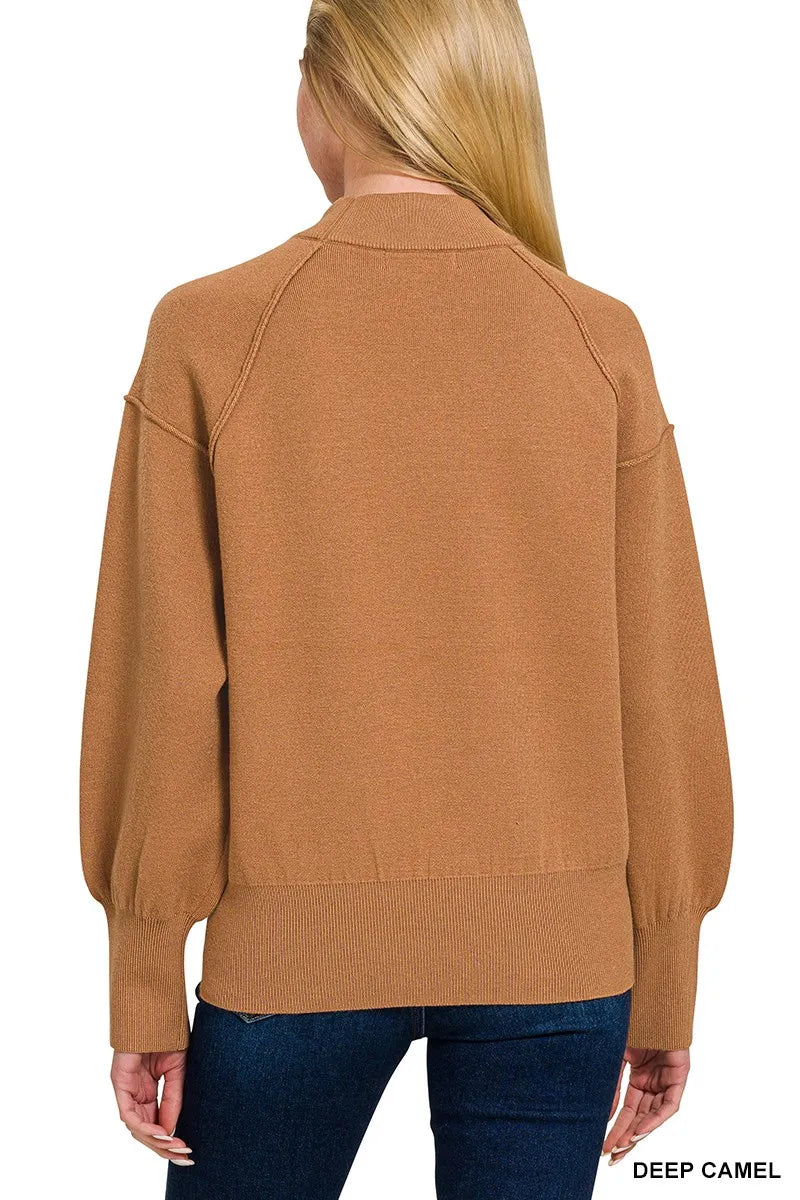Viscose Mock Neck Exposed Seam Sweater in Camel back view