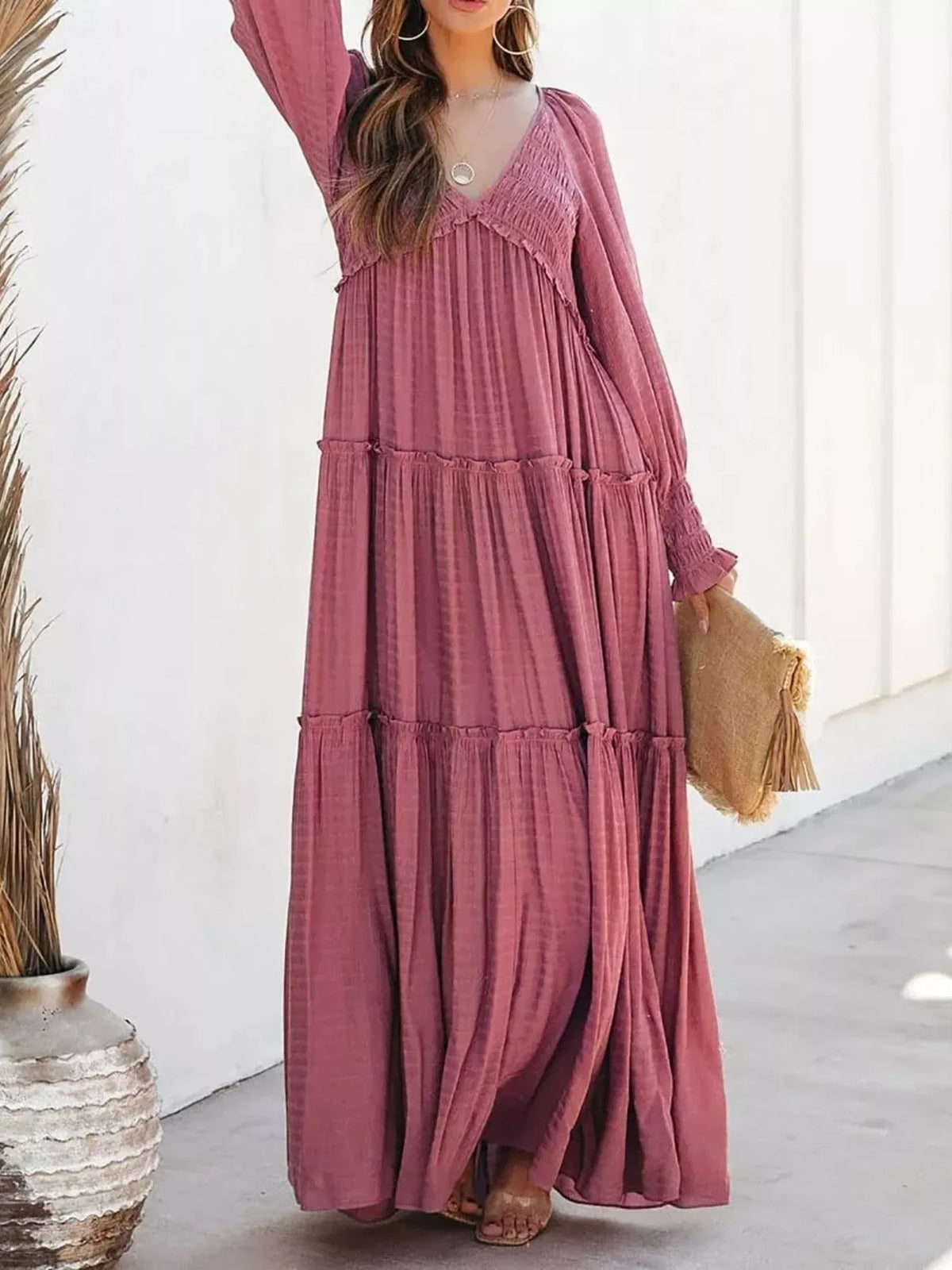 v neck long sleeve tiered maxi dress close up