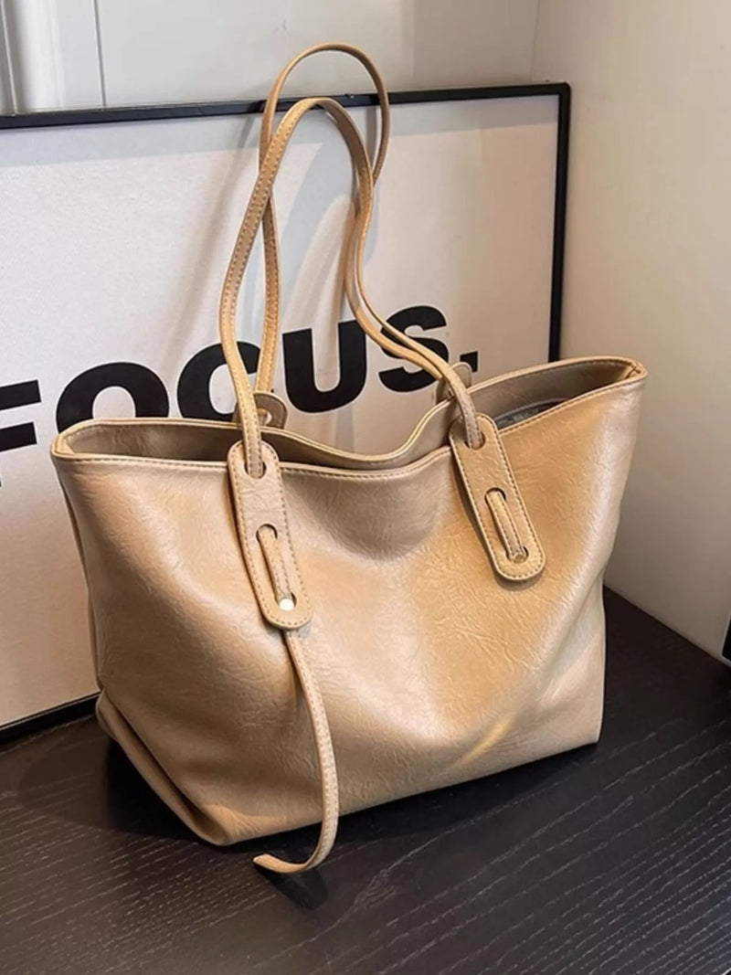 Khaki large PU leather shoulder bag front view