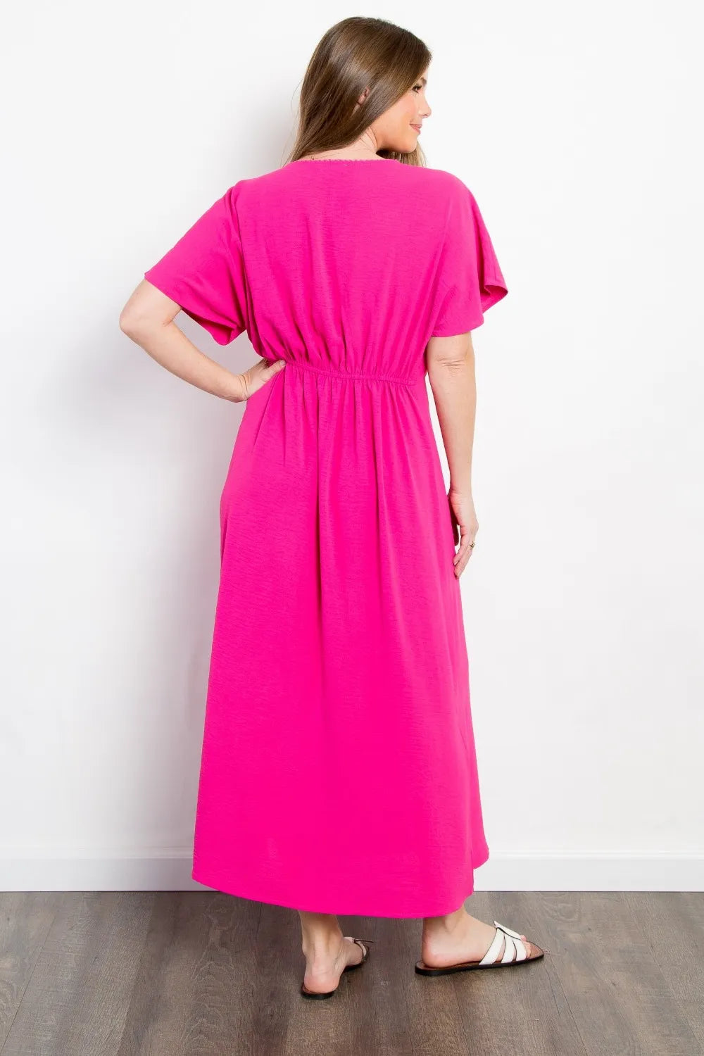 Shirred Front Short Sleeve Maxi Dress back view