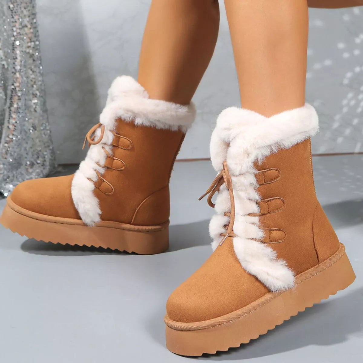 Fuzzy Trim Lace Up Platform Boots toe close up