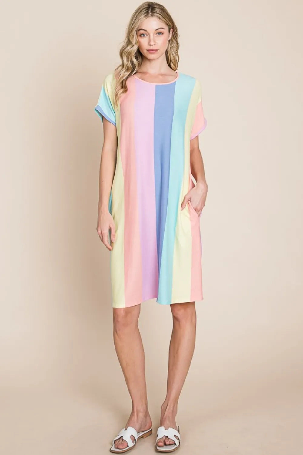 Striped Short Sleeve Dress with Pockets on model