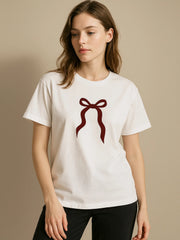 Plus Size Bow Round Neck Short Sleeve T-Shirt White - Fashorio