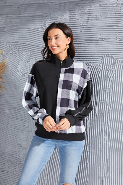 Plaid Exposed Seam Long Sleeve Blouse Black - Fashorio