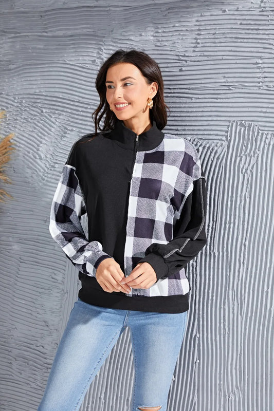 Plaid Exposed Seam Long Sleeve Blouse Black - Fashorio