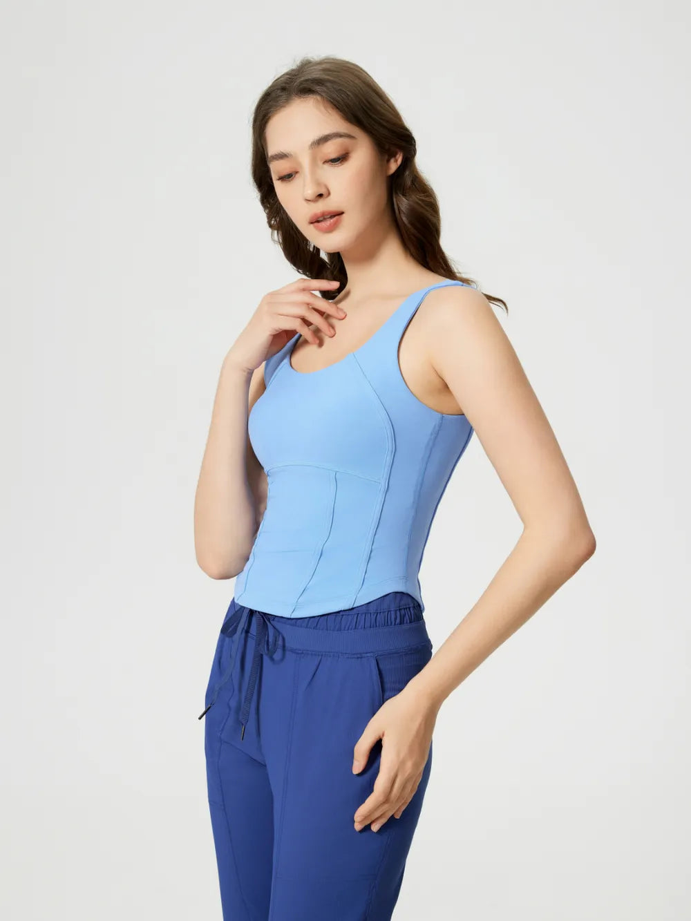 Round neck wide strap padded active tank fabric detail