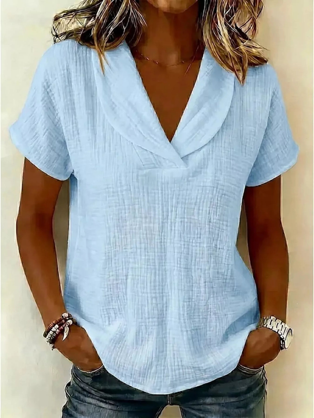 Textured blouse third colour on model