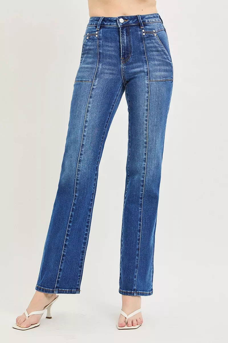 RISEN high rise straight jeans with patch pockets front view