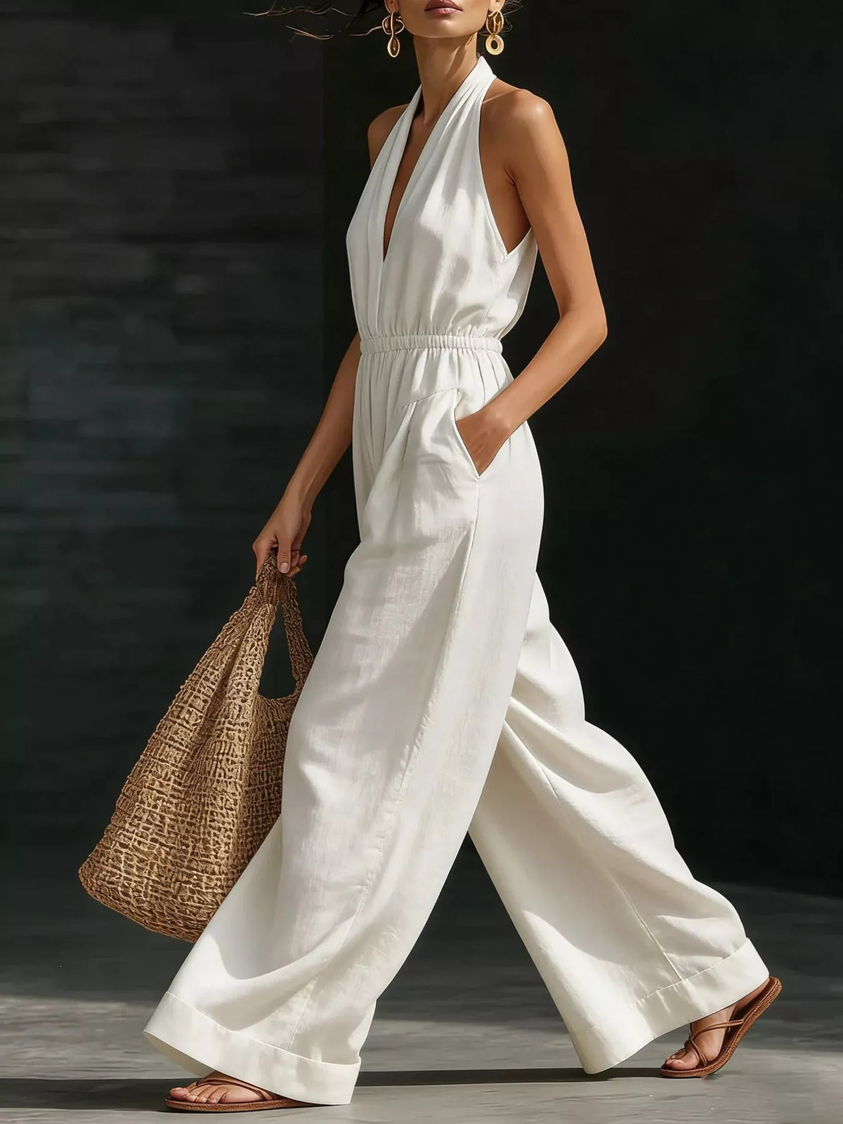 Halter wide leg jumpsuit apricot color
