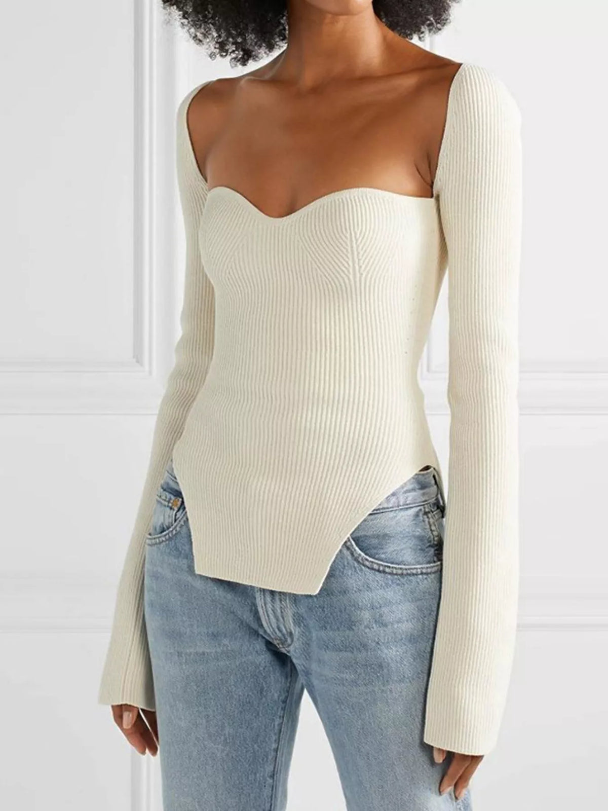 Ribbed sweetheart neck sweater front view