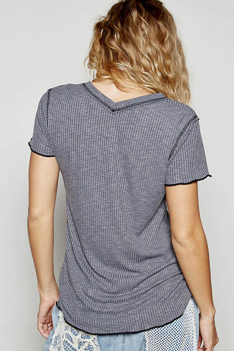 POL V-Neck Short Sleeve Ribbed T-Shirt with Contrast Overlock Stitching - Fashorio