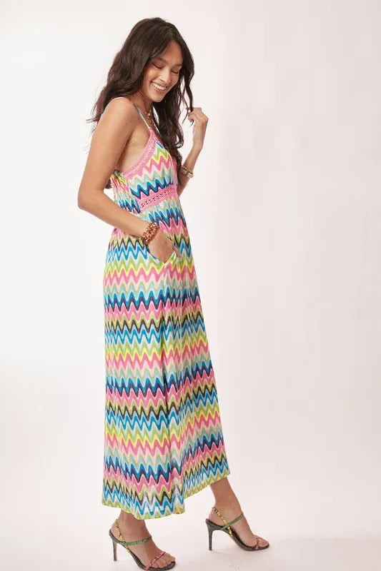Crochet Lace Midi Dress in Pink and Blue detail