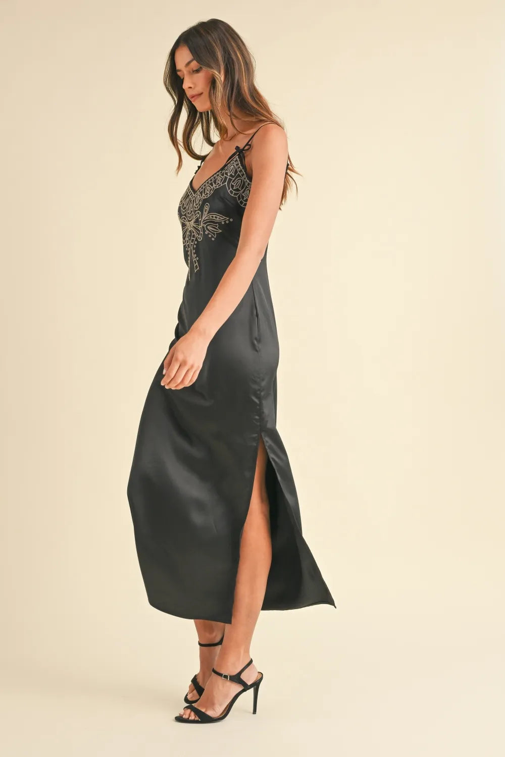 Embroidered Cami Satin Midi Slit Dress side view