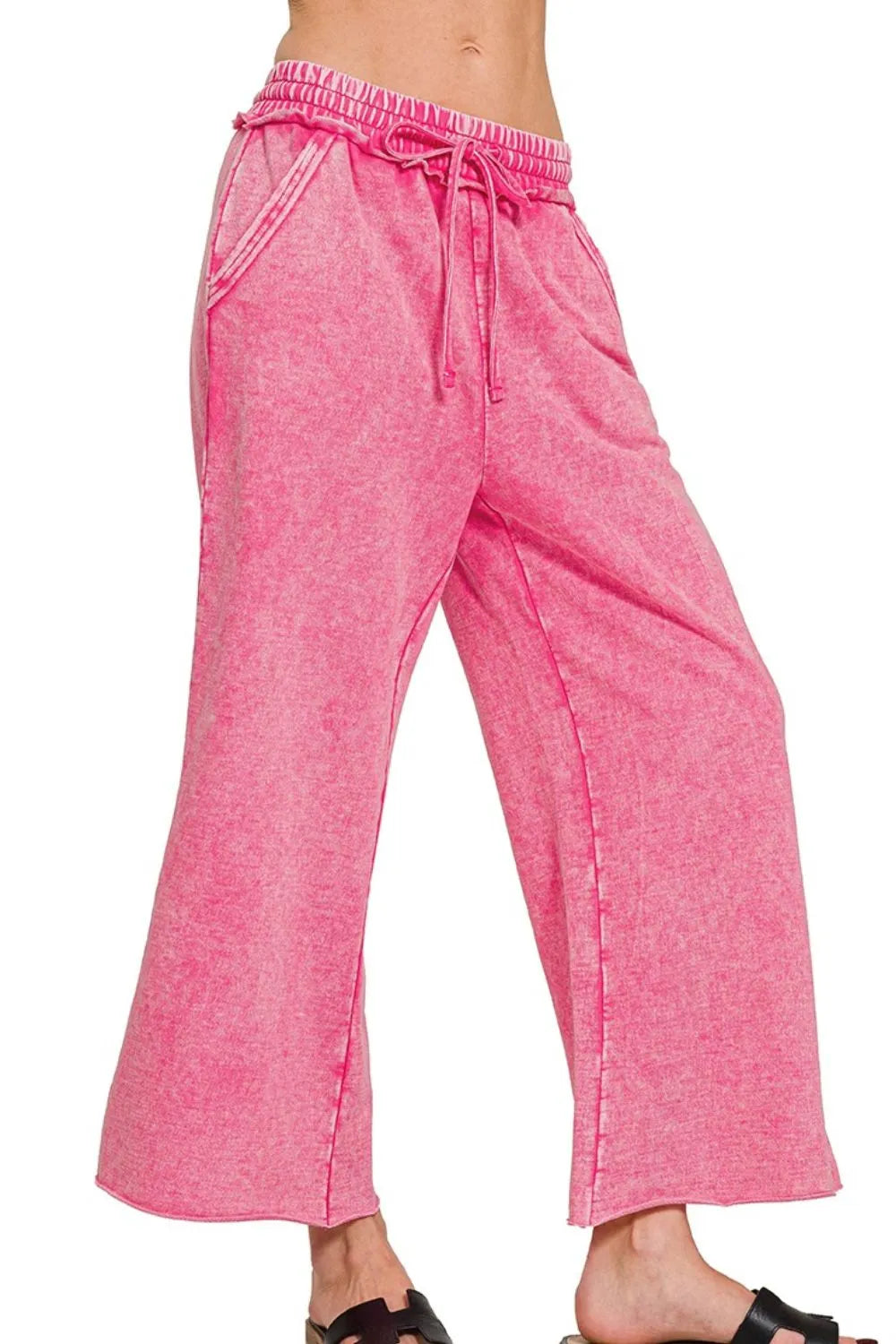 Zenana Washed French Terry Palazzo With Pockets HOT PINK - Fashorio