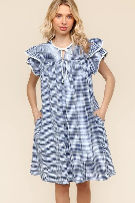 Double Ruffle Sleeve Dress with Pockets in Navy close up