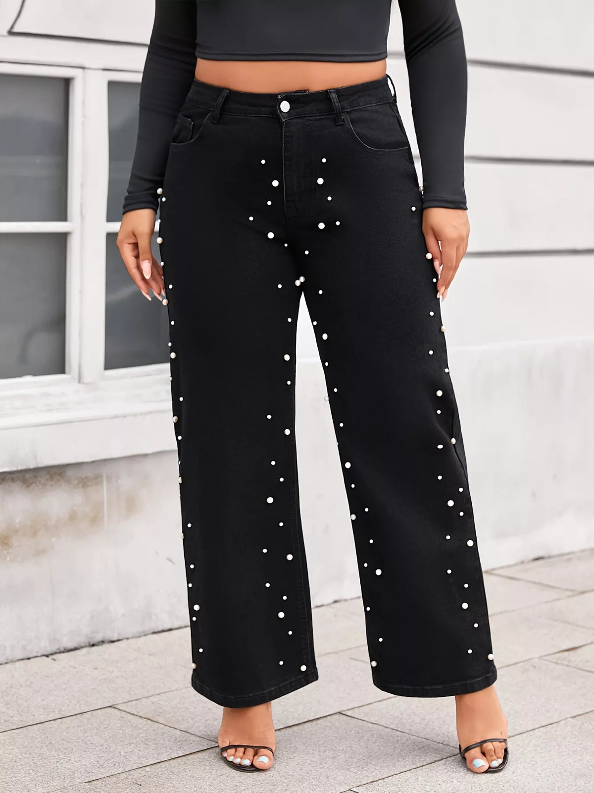 Black pearl wide leg jeans side view