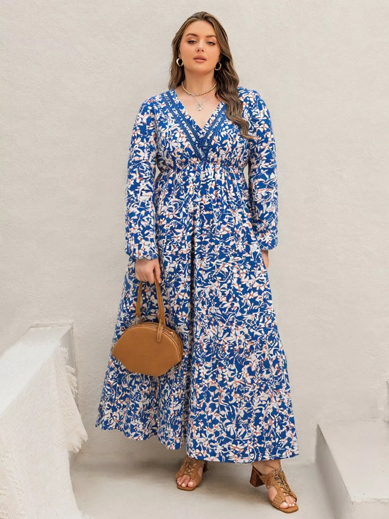 Plus size floral V neck long sleeve maxi dress front view