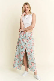 Jade By Jane Full Size Floral Print Front Slit Denim Maxi Skirt Plus Size L.DENIM - Fashorio