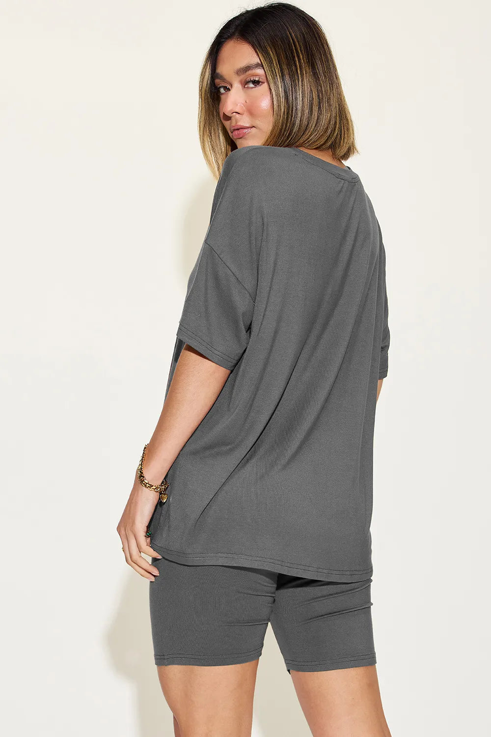 Basic Bae Full Size V-Neck Drop Shoulder T-Shirt and Shorts Set - Fashorio