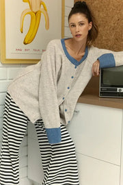 Annie Wear Contrast Trim Button Down Raglan Sleeve Cardigan Oatmeal Denim Blue - Fashorio