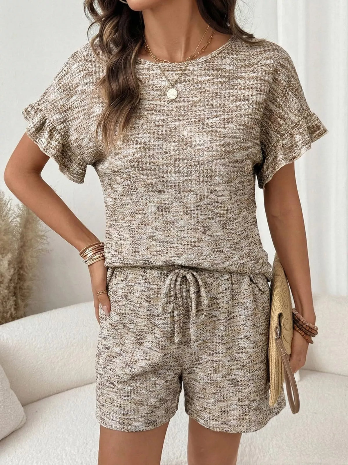 Ruffle Sleeve Textured Top and Shorts Set, view 10