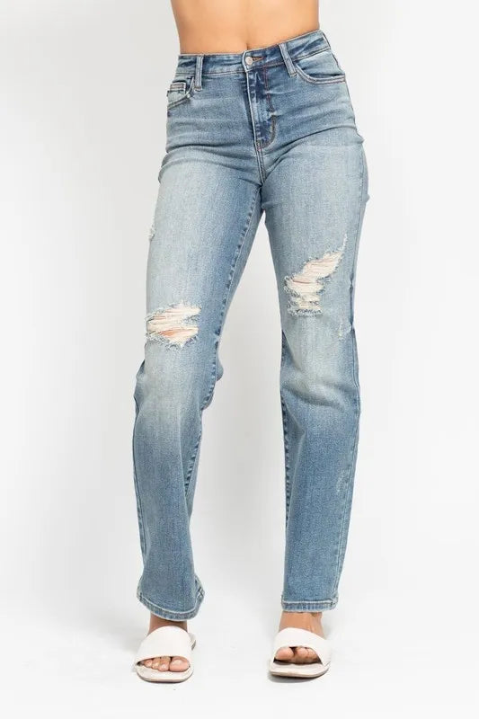 Judy Blue medium wash distressed dad jeans front view