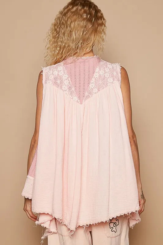 POL Embroidered Pearls Open Front Sleeveless Cardigan - Fashorio