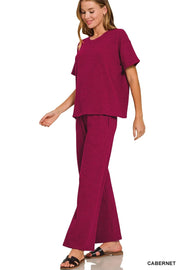 Zenana Slub Short Sleeve T-Shirt and Pants Set CABERNET - Fashorio