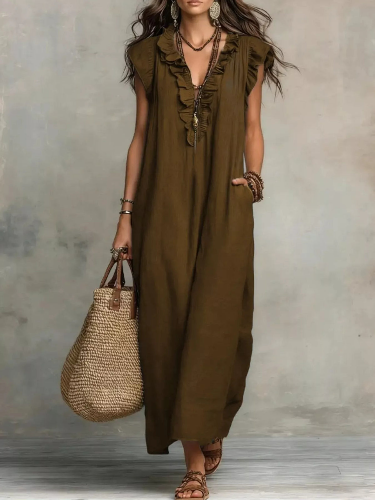 Maxi dress with pockets shown in a bright colourway