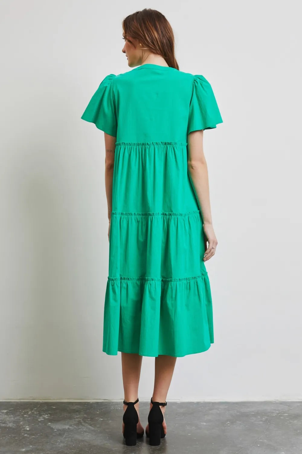 Cotton Poplin Ruffled Tiered Midi Dress back view