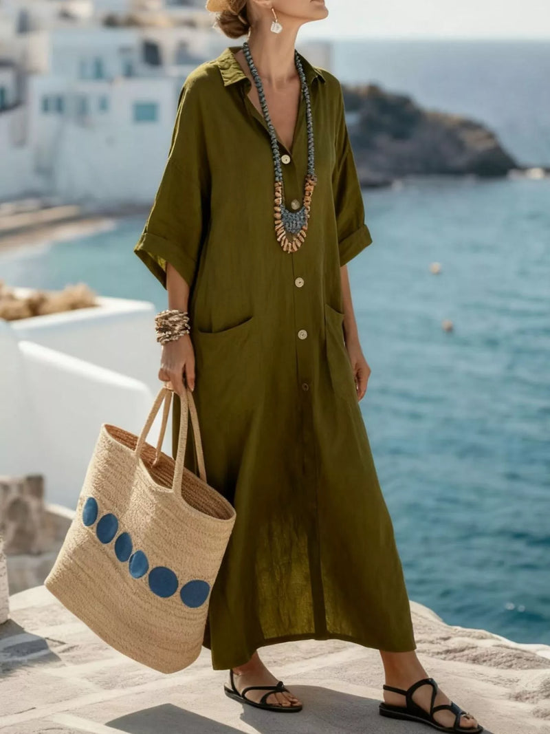 Button front three quarter sleeve maxi dress in olive front view