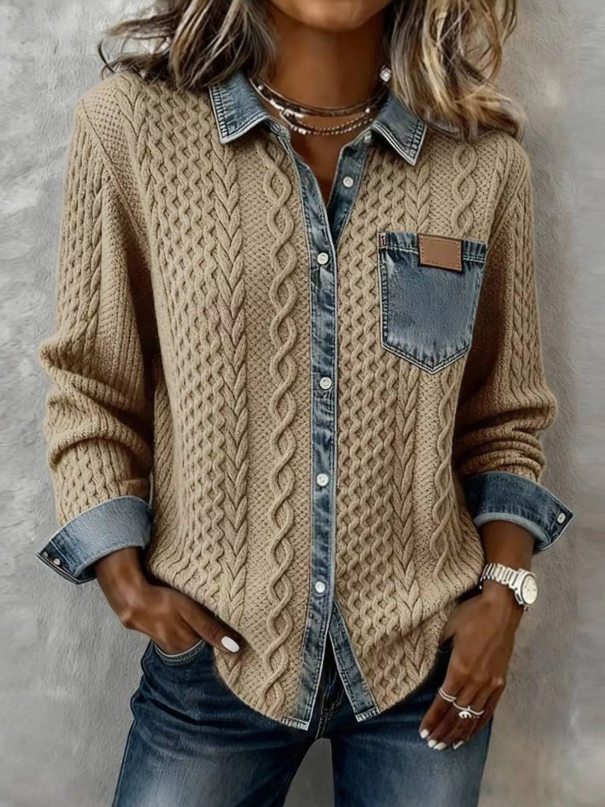Denim trim cable knit cardigan pocket detail