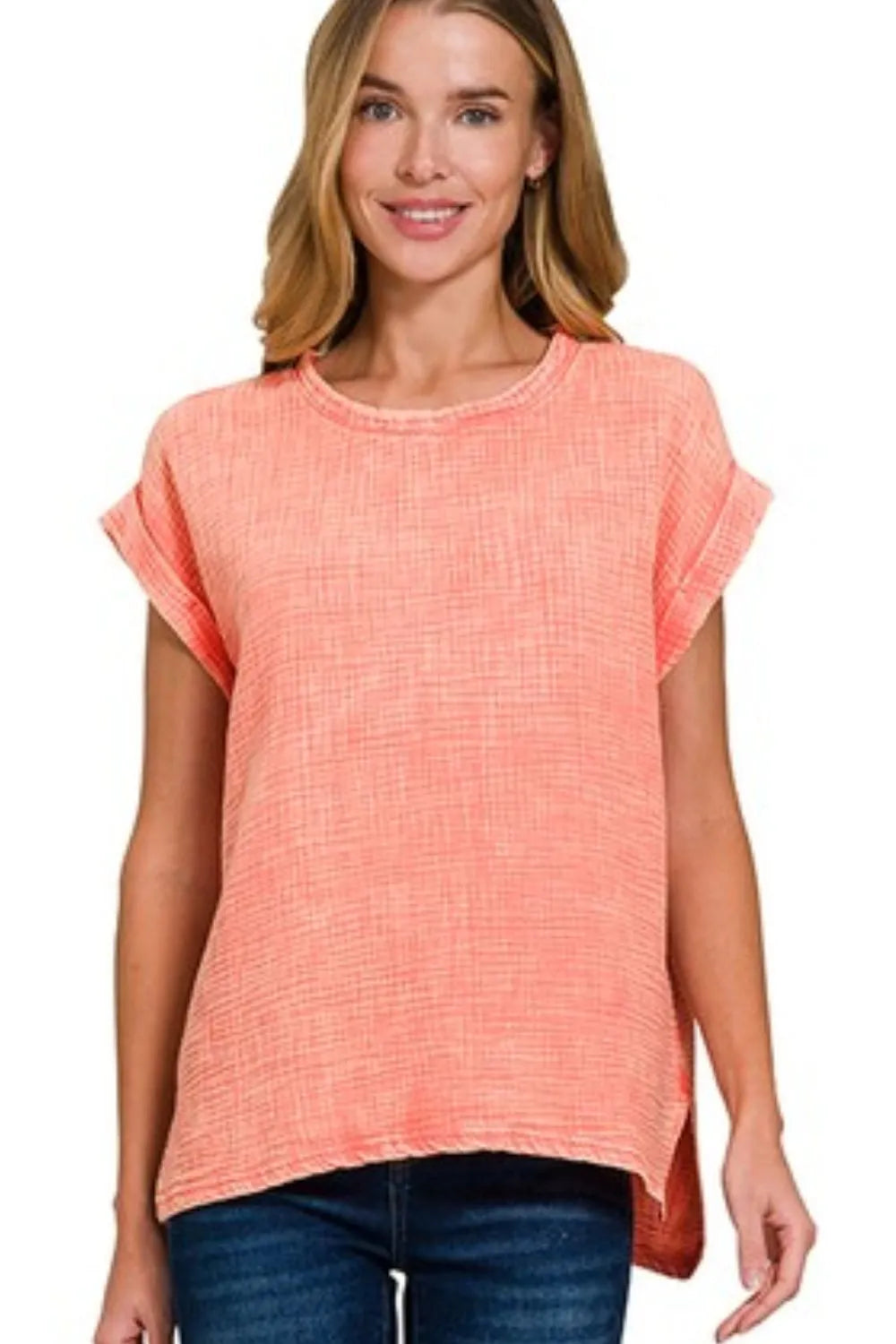 Zenana Woven Double Gauze Acid Washed Short Sleeve Top - Fashorio