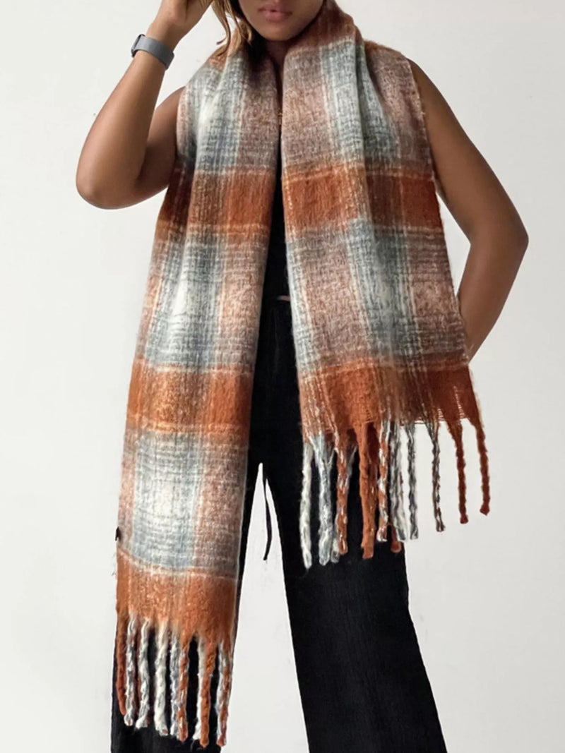 Plaid fringe blanket scarf in soft polyester